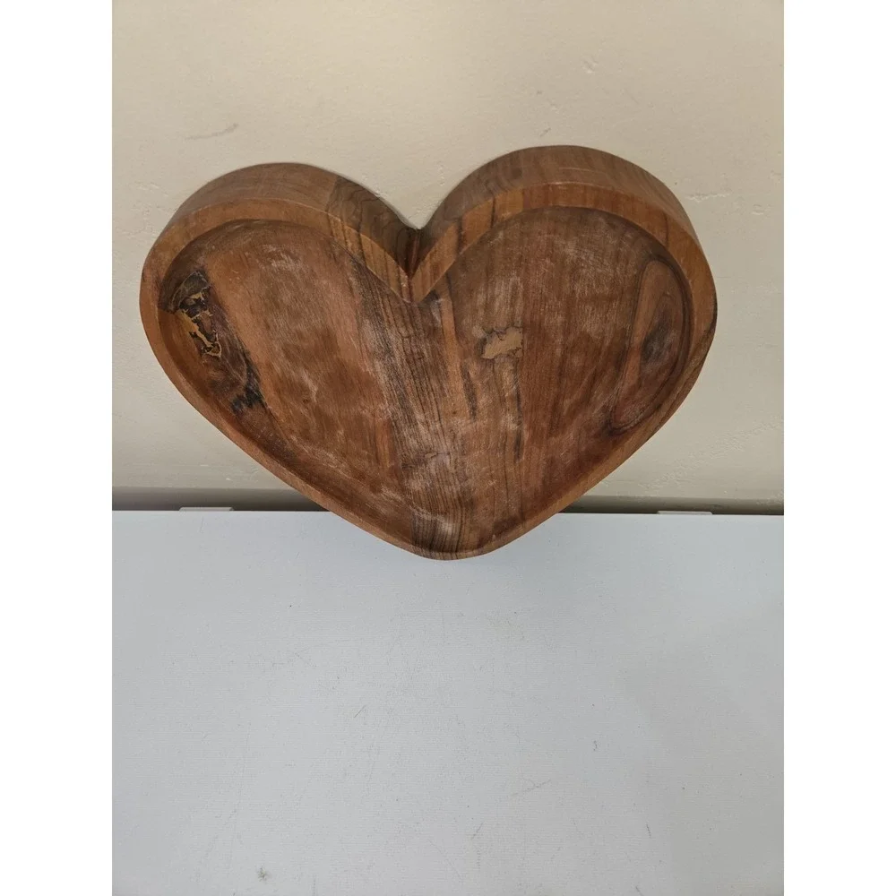 Vintage Decorative Hand-Carved Wood Heart Bowl - Rustic Country Farmhouse Decor